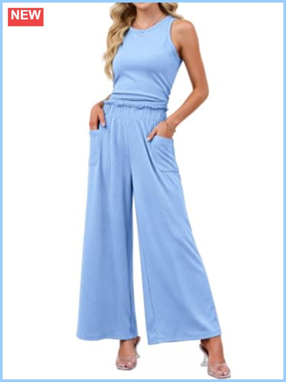 Ribbed Sleeveless Tank Top & Wide Leg Pocket Pants Lounge Set